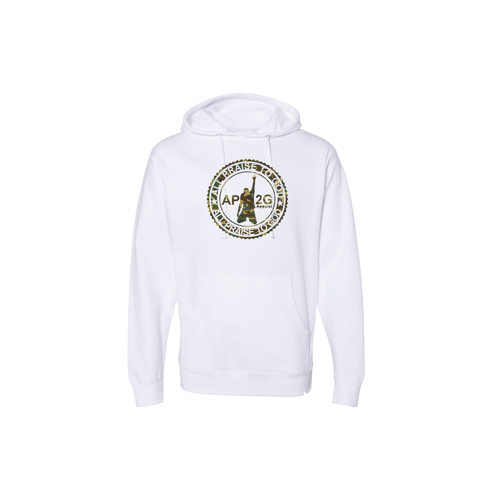 white pullover with green camouflage infinity logo