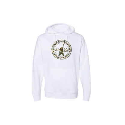 white pullover with green camouflage infinity logo