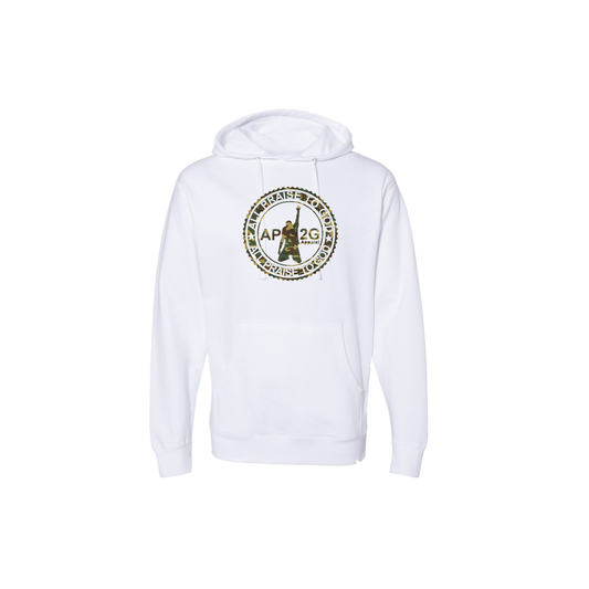 white pullover with green camouflage infinity logo