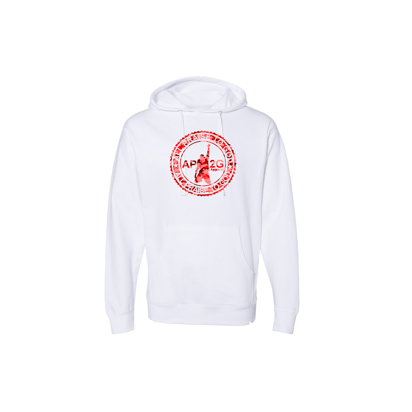 white pullover with red camouflage infinity logo
