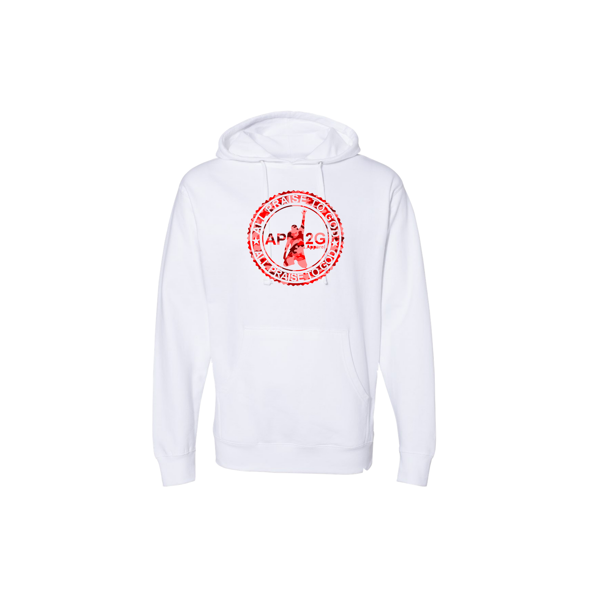 white pullover with red camouflage infinity logo
