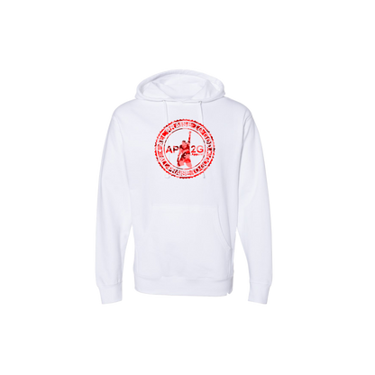 white pullover with red camouflage infinity logo
